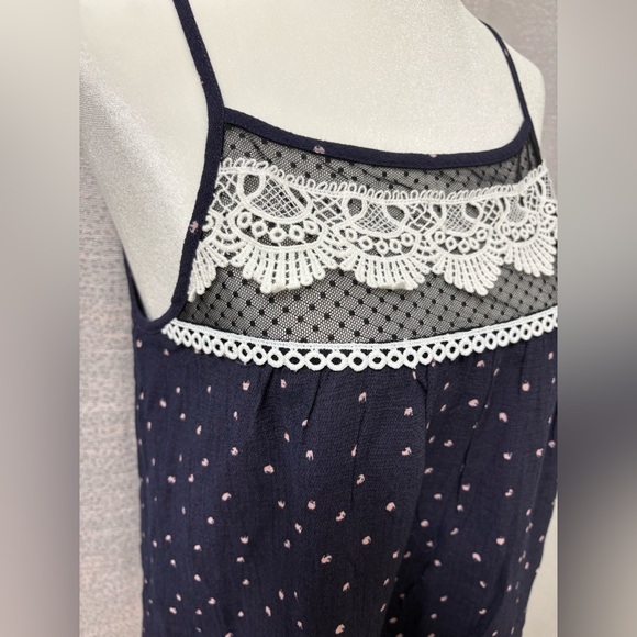 E & M Navy Blue Polka Dot Lace Trim Top Size Small Boho Embroidered Festival - Picture 4 of 12